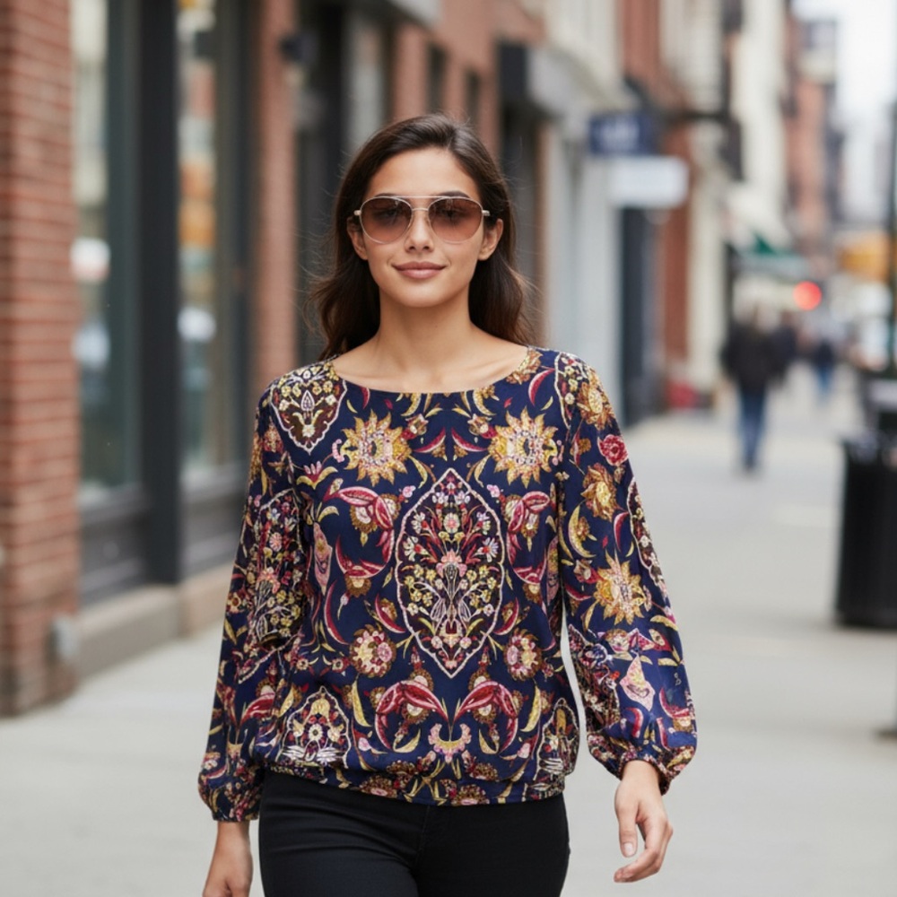 Elegant Floral Women's Blouse - Navy and Gold